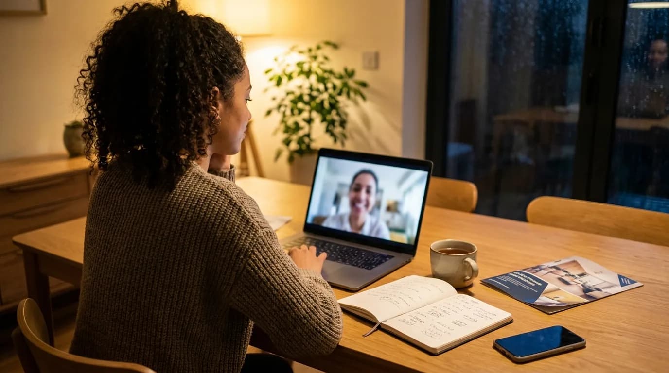 Aankoopmakelaar bespreekt een woning met een koper via videocall