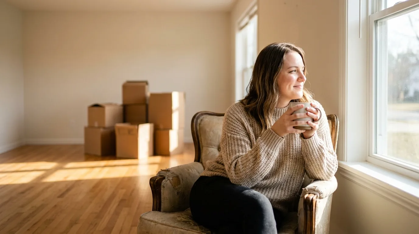 Vrouw met koffie tussen de verhuisdozen in haar nieuwe woning